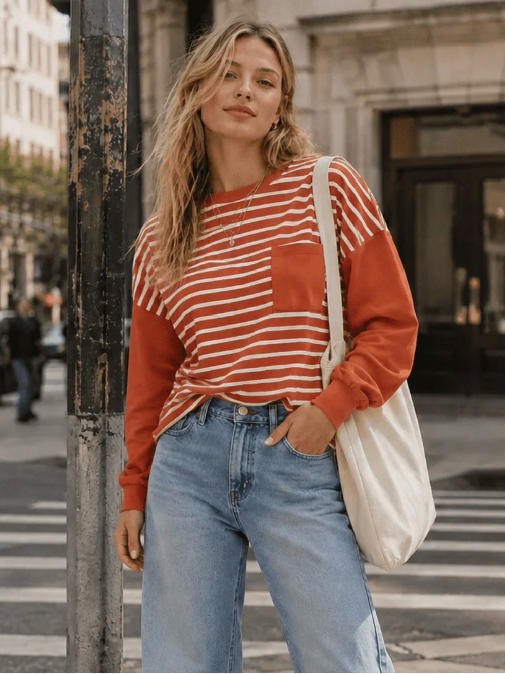 🌟B698. Stylish Striped Long Sleeve Pocket Top in Rust